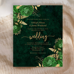 Budget Emerald Green Gold Floral Wedding Invite