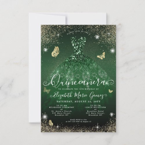 Budget Emerald Green Gold Glitter Gown Quinceanera Note Card