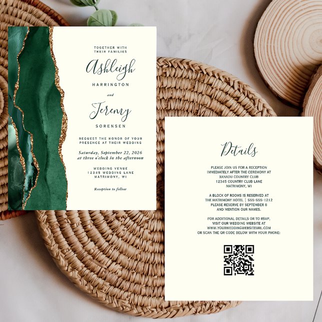 Budget Emerald Green Gold Ivory QR Code Wedding (Creator Uploaded)