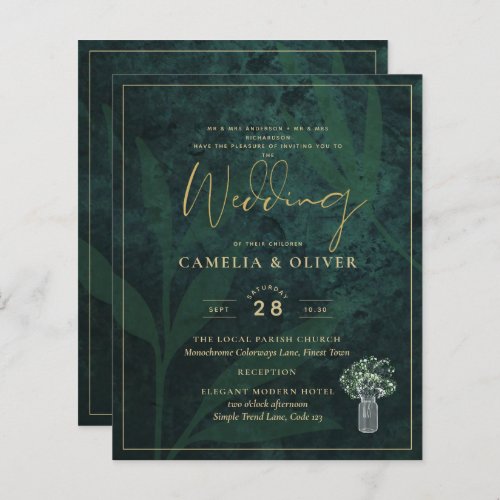 Budget Emerald Green Gold Modern Wedding Invite