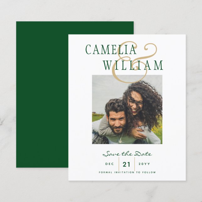 BUDGET Emerald Green Gold PHOTO Save the Date (Front/Back)