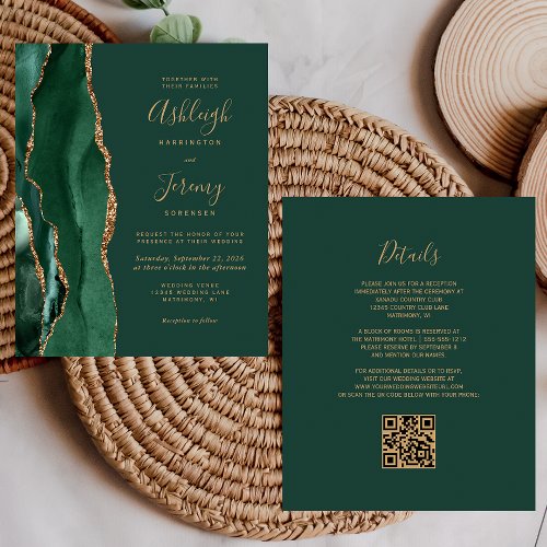 Budget Emerald Green Gold QR Code Wedding Invite