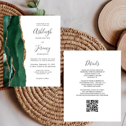 Budget Emerald Green Gold QR Code Wedding Invite