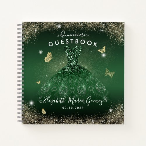 Budget Emerald Green Gold Quinceanera Guestbook  Notebook