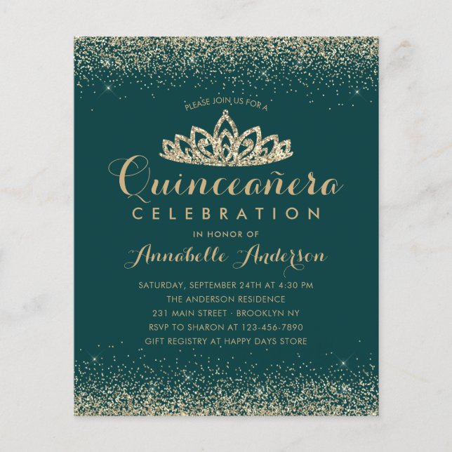Budget Emerald Green Gold Quinceañera Tiara Invite (Front)