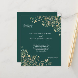 Budget Emerald Green Gold Swirl Wedding Invitation