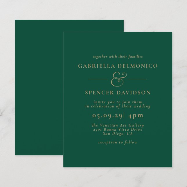 BUDGET Emerald Green Gold Wedding Invitation (Front/Back)