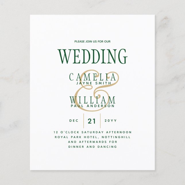 BUDGET Emerald Green Gold Wedding Invite Flyer (Front)