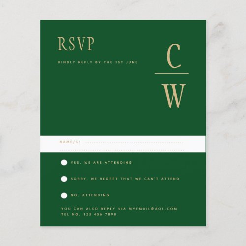 BUDGET Emerald Green Gold Wedding RSVP Flyer