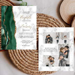 Budget Emerald Green Marble 4-Photo Wedding Invite