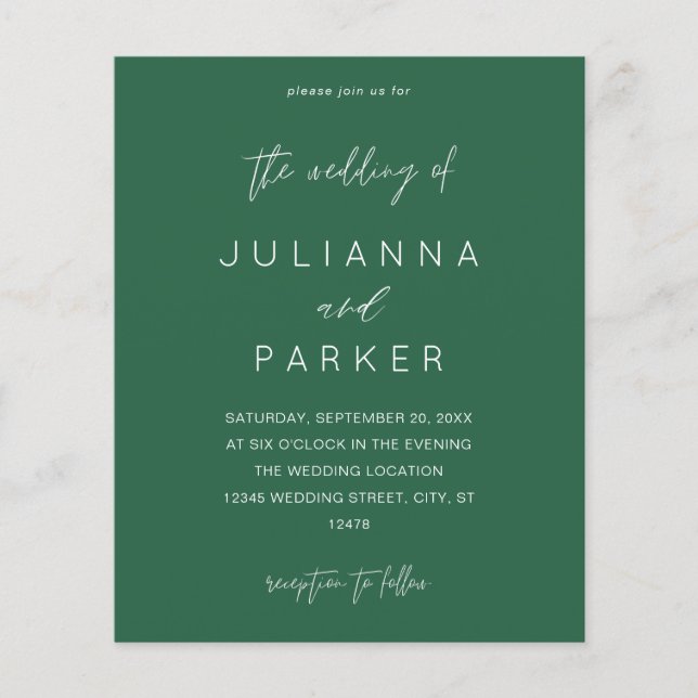 Budget Emerald Green MOD Calligraphy Wedding Flyer (Front)