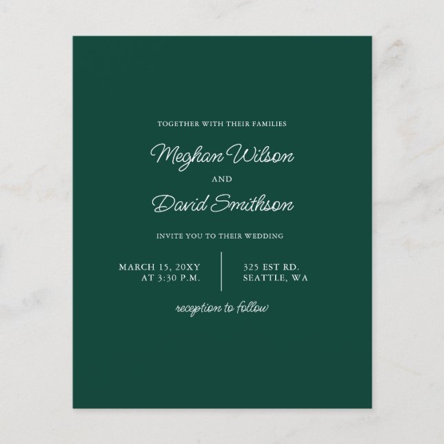 Budget Emerald Green Modern Wedding Invitation (Front)