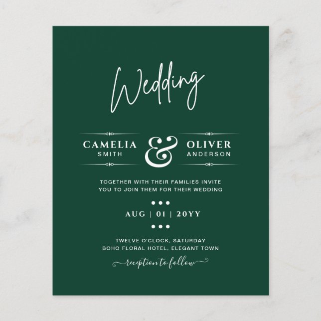 BUDGET Emerald Green Monochrome Wedding Flyer (Front)
