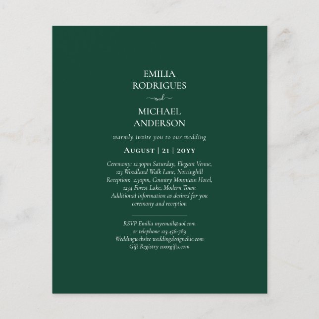 BUDGET Emerald Green Monochrome Wedding Flyer (Front)