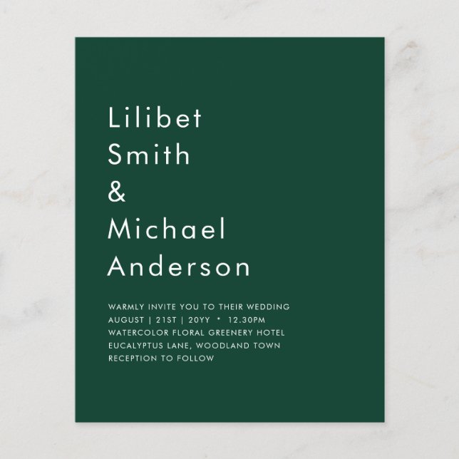 BUDGET Emerald Green Monochrome Wedding Flyer (Front)