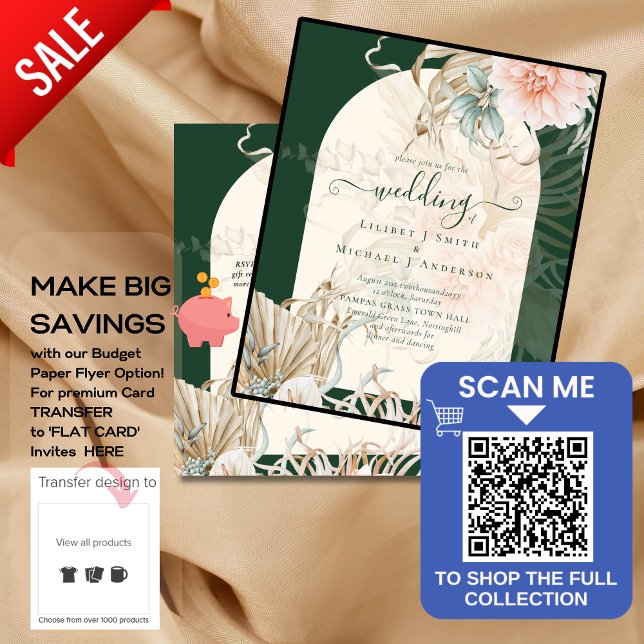 BUDGET Emerald Green Pampas Grass Peach Wedding Flyer (Creator Uploaded)