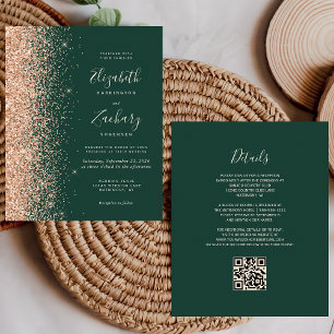 Budget Emerald Green Peach QR Code Wedding Invite