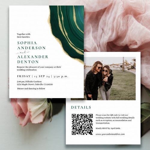 Budget emerald green  Photo QR code wedding invite