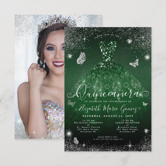 Budget Emerald Green Silver Glam Photo Quinceanera Note Card (Front/Back)