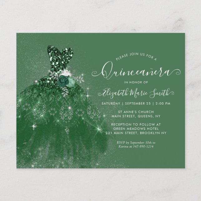 Budget Emerald Green Silver Glitter Quinceanera (Front)