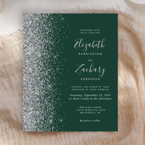 Budget Emerald Green Silver Glitter Wedding Invite