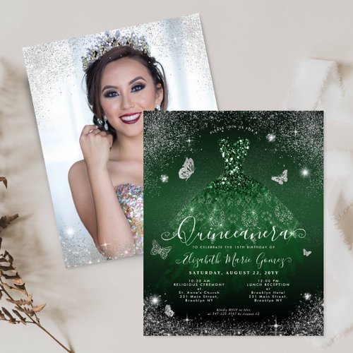 Budget Emerald Green Silver Gown Photo Quinceanera