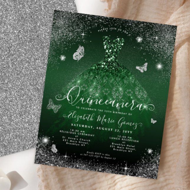 Budget Emerald Green Silver Gown Quinceanera Card (Creator Uploaded)