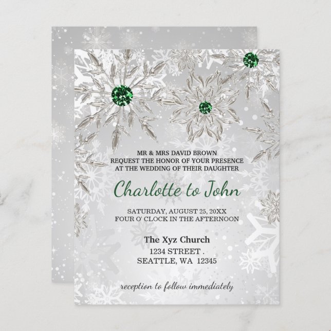 Budget Emerald Green Snowflakes Wedding invitation (Front/Back)
