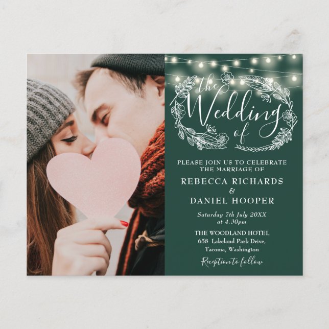 Budget Emerald Green Wedding Details Photo Invite (Front)
