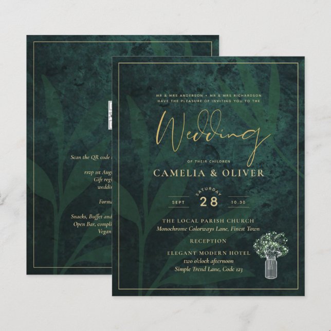 BUDGET EmeraldGreen Gold Gypsophila Wedding INVITE (Front/Back)