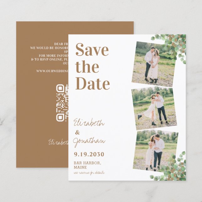 Budget Eucalyptus 3 Photo QR Code Save The Date (Front/Back)
