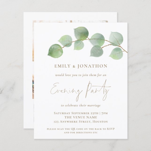 BUDGET Eucalyptus 3 photo QR Evening Party Invite (Front/Back)