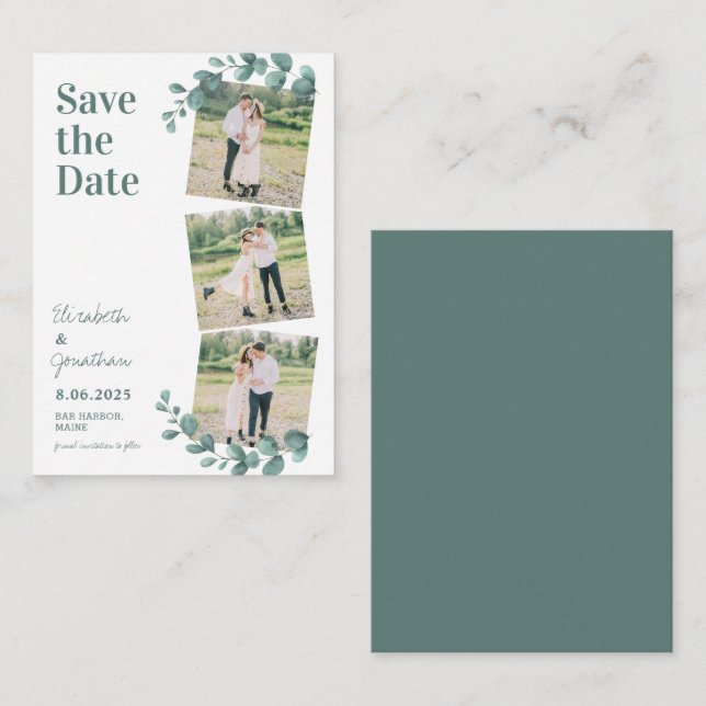 Budget Eucalyptus 3 Photo Wedding Save The Date Note Card (Front/Back)