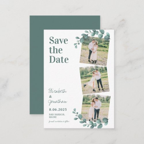 Budget Eucalyptus 3 Photo Wedding Save The Date Note Card