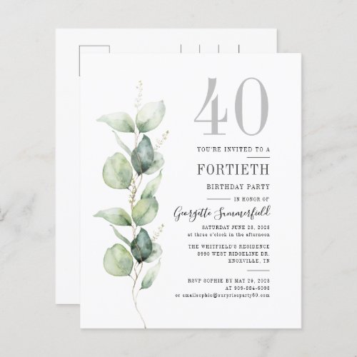 Budget Eucalyptus 40th Birthday Party Invitation