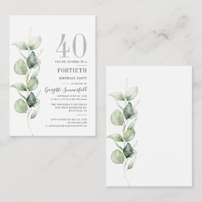 Budget Eucalyptus 40th Birthday Party Invitation (Front/Back)