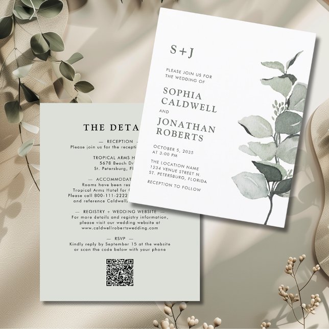 Budget Eucalyptus All in One Wedding Invitation (Budget Elegant Eucalyptus All in One Wedding Invitation )