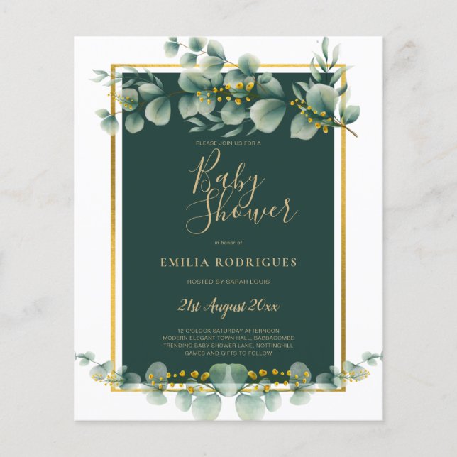 BUDGET Eucalyptus BABY SHOWER GOLD QR CODE INVITE  Flyer (Front)