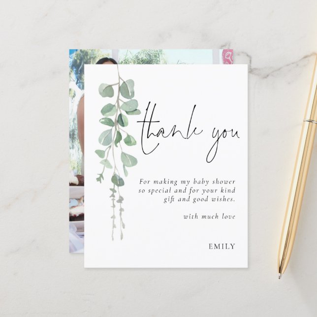 Budget Eucalyptus Baby Shower Party Photo Thanks (Front/Back In Situ)