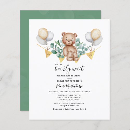 Budget Eucalyptus Bear Baby Shower Invitation