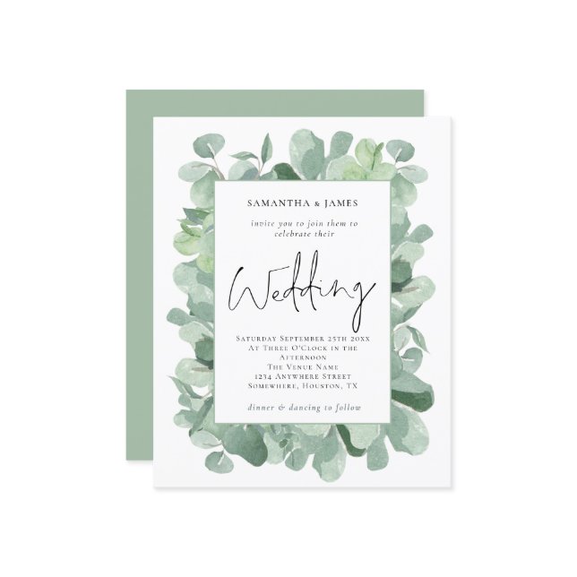 Budget Eucalyptus Border Wedding Invitation (Front/Back In Situ)