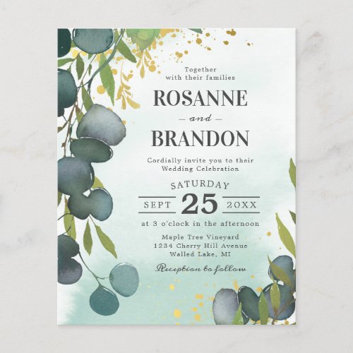 Budget Eucalyptus Botanical Wedding Invitation - Budget wedding invitations featuring a rustic faded watercolor wash backdrop, elegant green botanical eucalyptus leaves, splashes of faux gold foil, and a simple wedding template that is easy to personalize.