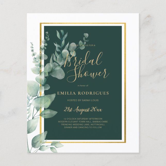 BUDGET Eucalyptus BRIDAL SHOWER Greenery Gold QR C Flyer (Front)
