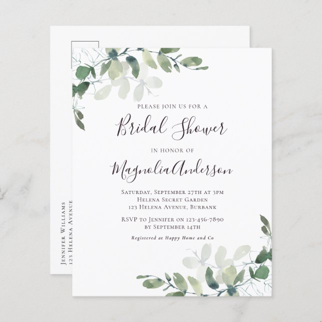 Budget Eucalyptus Bridal Shower Postcard Invite (Front/Back)