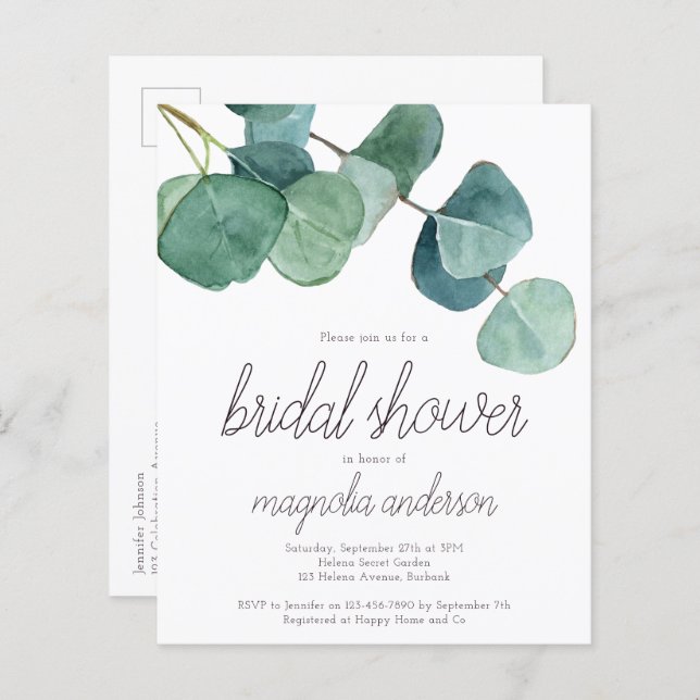 Budget Eucalyptus Bridal Shower Postcard Invite (Front/Back)
