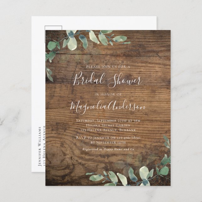 Budget Eucalyptus Bridal Shower Postcard Invite (Front/Back)