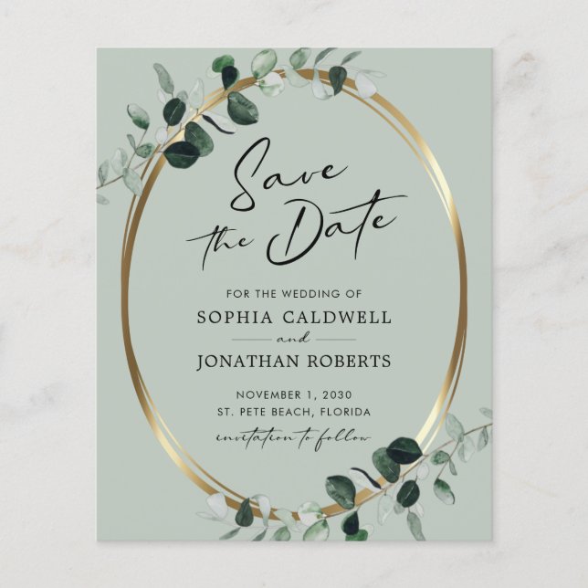 Budget Eucalyptus Calligraphy Sage Save the Date (Front)