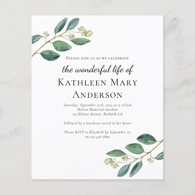 Budget Eucalyptus Celebration of Life Invitation | Zazzle