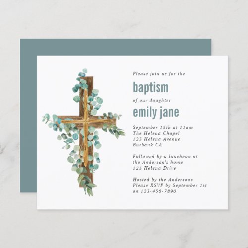 Budget Eucalyptus Cross Baptism Invitation