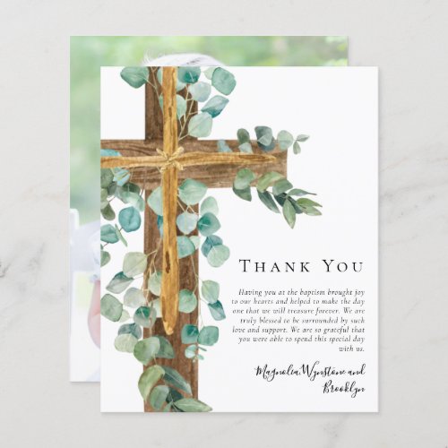 Budget Eucalyptus Cross Baptism Thank You Card